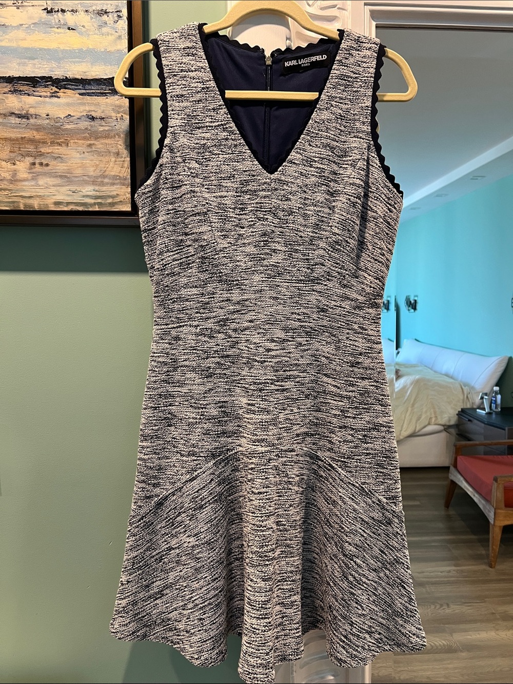 Karl Lagerfeld Black and White V-Neck Knit Fit-and-Flare Mini Dress